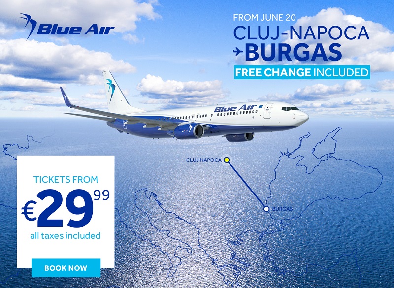BLUE AIR стартира първото по рода си директно обслужване от  Клуж Напока до Бургас на 20 юни