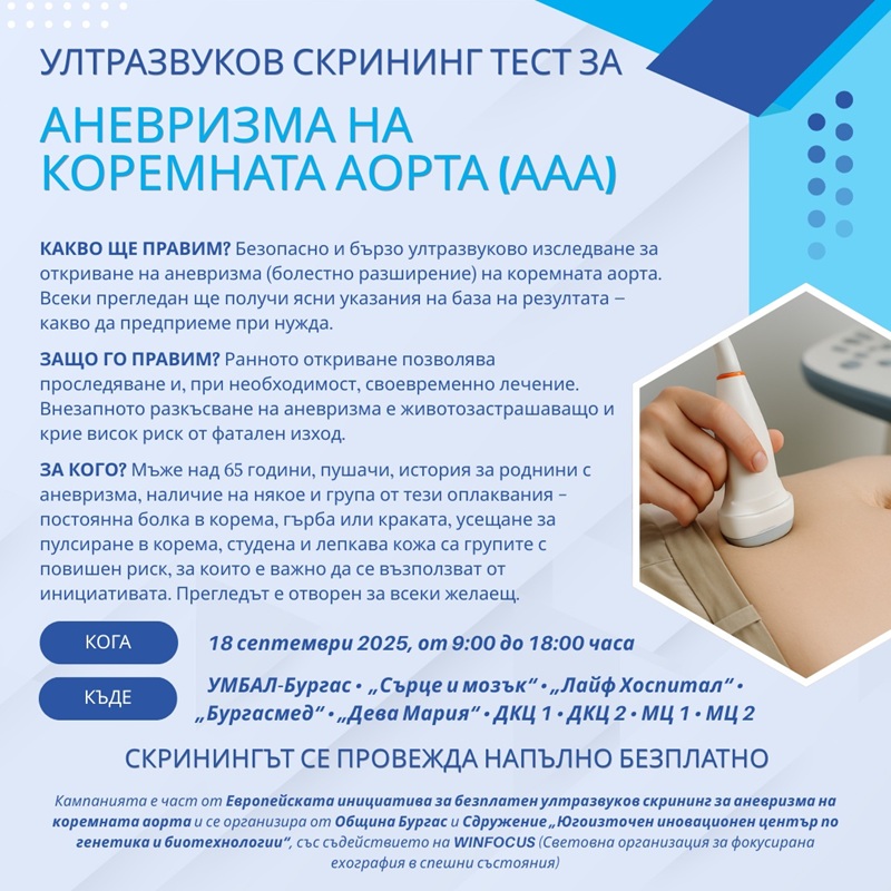 УМБАЛ Бургас се включва в Европейската инициатива за безплатен ултразвуков скрининг за аневризма на коремната аорта