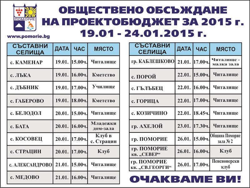 Промяна в графика на обществените обсъждания на проектобюджета за 2015 г.